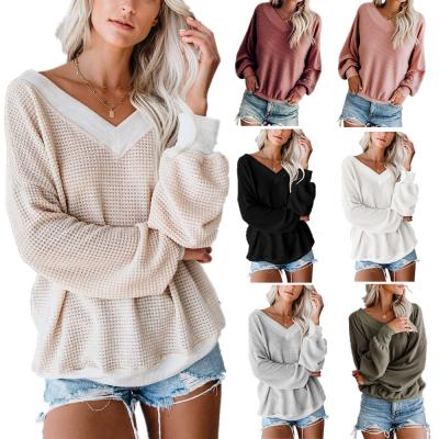 China 2021 Women's Casual Anti-pilling Solid Color Blouse Waffle Weave V-Neck Tops Long Sheath Loose Pullover Tops for sale