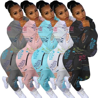 China 2021 New Multicolor Letter Print Women Clothing Set Breathable Two Piece Long Sleeve Sports Set for sale