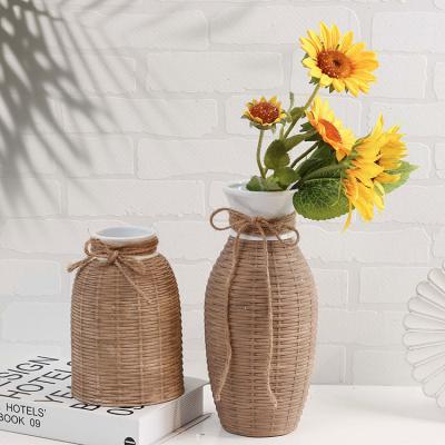 China Custom European Greek Unique Fluted Handmade Ceramic Flowers Vase Set For Rattan Florist Scandi Woven Vases To Minimalist EAGLEGIFTS Deco for sale