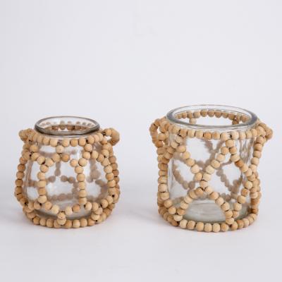 China Supplier Factory Price Hotel EAGLEGIFTS Round Glass Wooden Beaded Handle Manufacturer Round Candle Jar Wedding Party Candle Holder Tealight Candle Holder for sale