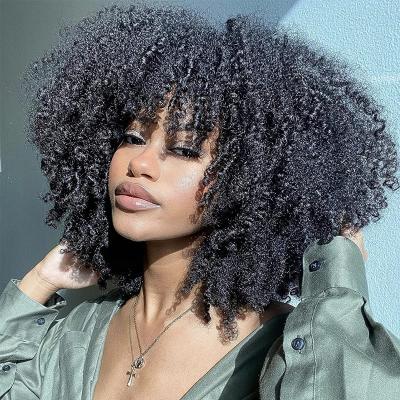 China Glueless Short Hair Afro Kinky Curly Wig With Bangs For Women Cosplay Natural Glueless Brown Color Synthetic Mixed Blonde Wigs for sale