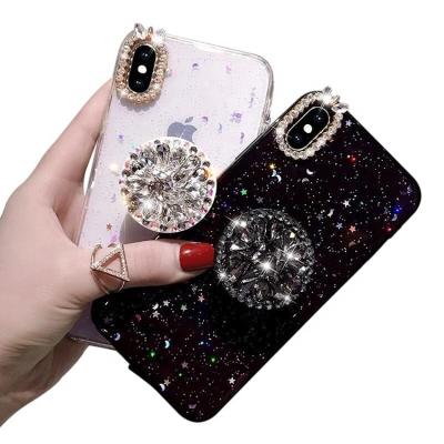 China Fashion For iPhone 6 7 8 Plus XR XS Max Case Bling Diamond Stand Decorative Clear TPU Bracket Glitter Case Cover for sale