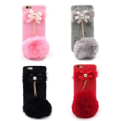 China Anti-fall 4 Colors Hard Plastic Bowknot Pearl Furry Ball PC Plush Fur Cell Phone Case Girly Cover For iPhone 7 8 plus for sale