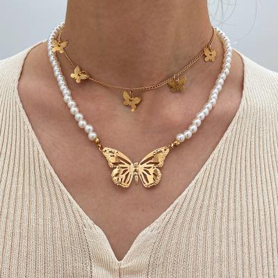 China New Fashionable French Butterfly Double Layer Necklace Pearl Clavicle Pendant Necklace Style Friendly Material for sale