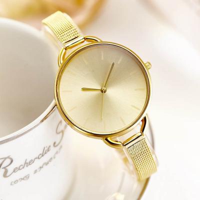 China Chronograph Women's Mesh Belt Ladies Watch Gold Plated Thin Big Dial Dress Wrist Alloy Watch for sale