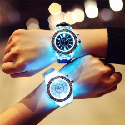 China Fashion Day/Date Watches Women Watch Popular Led Light Silicone Strap Around Dial Lover Quartz Led Watch for sale