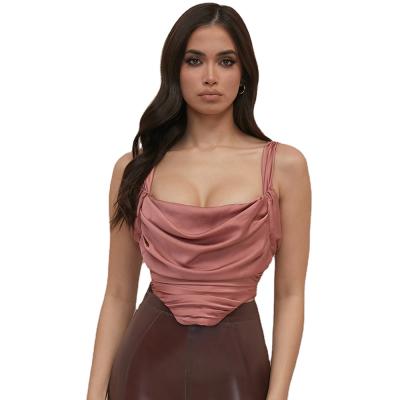 China Summer Solid Color Draped Corset Satin Cowl QUICK DRY Neck Ruched Low Nightclub Bustier Cut Out Tank Top Striping Rubber Dated Night Crop Top for sale