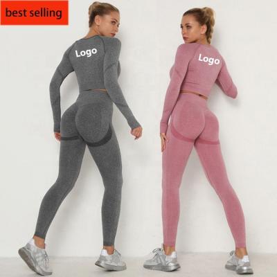 China Breathable Custom Logo Upper Leggings Sports Set Women Fitness Tracksuit Workout Sports Long Sleeve Yoga Clothes Seamless Suits for sale