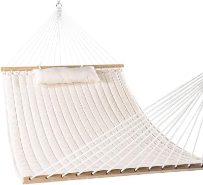 China Eco-Friendly 2 Person Quilted Fabric Folding Hammock Swing Outdoor Patio Yard With Pillow And Wooden Spreader Bars for sale