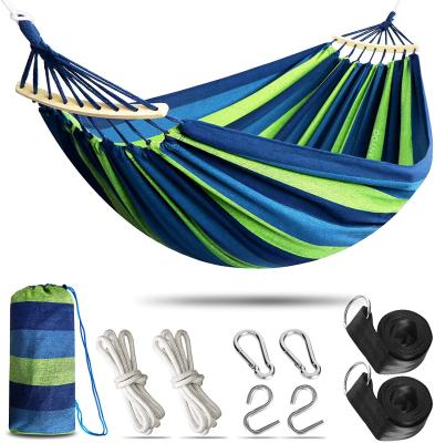 China Eco-Friendly Double Garden Striped Cotton Hammock For Outdoor/Indoor Patio Camper Backyard With Spreader Bar And Carry Bag for sale