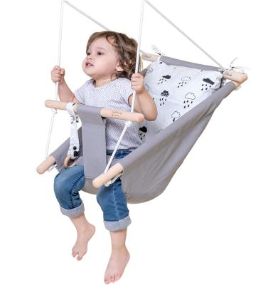 China Eco-friendly Outdoor Baby Swing Gray Canvas Wood Hanging Toddler Hammock Swing for sale