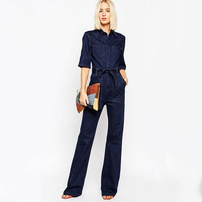 China Fashion Design Fashion Anti-pilling Cargo Blue Slim Denim Denim Plus Size Overalls With Sashes For Women for sale