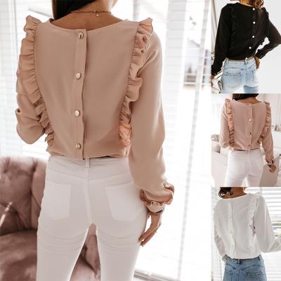 China Hot Selling Autumn Ladies Long Sleeve Tops Anti-pilling Ins Style Button Back Blouses With Lace For Women for sale