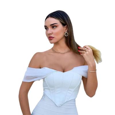 China Sexy PU Petchwork Blouses Mesh Sleeve Tops Off-Shoulder Anti-pilling Fashion Design Clothing For Women for sale