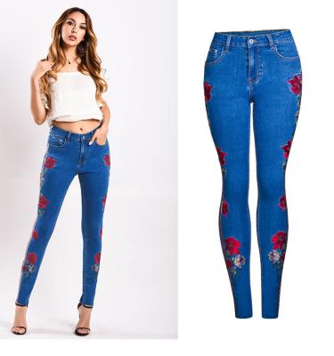 China Europe and America breathable fashion embroider flower pants handmade skinny plus size pencil jeans for women for sale