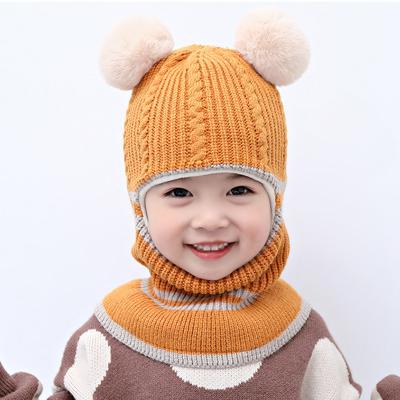 China breathable & New Design Kids Beanie Cap Thick Kids Waterproof Ball Warmer Double Top Wool Ear Flaps Hats With Neck Cuff for sale