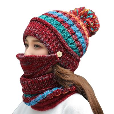 China Winter Short Female Outdoor Fashion Knitted Scarf Hat And Mask Thick Warm Women Brushed Beanie Sets for sale