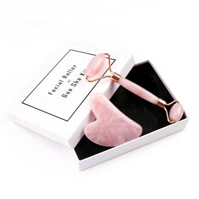 China Best Selling Factory Portable Rose Quartz Pink Gemstone Facial Natural Anti Aging Custom Packaging Jade Roller Gua Sha Set for sale