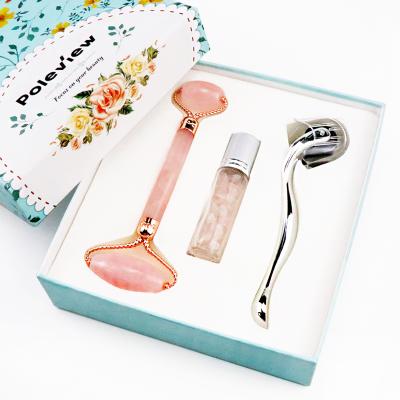 China Portable Poleview New 3 in 1 Bottle Jade Roller Rose Quartz Derma Roller Crystal Skin Care for sale