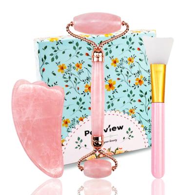 China Poleview Factory Skin Care Stone Jade Massage Mask Brush Portable Quartz Gua Sha Face Roller Set for sale