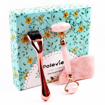 China Poleview Portable 3 in 1 Roller Rose Quartz Facial Massager Pink Jade Roller Gua Sha Derma Kits for sale