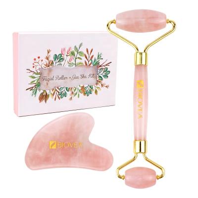 China Hot Selling High Quality Anti Aging Natural Pink Jade Roller Gua Sha Set Face Massager OEM Private Label Face Quartz for sale