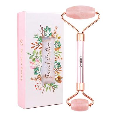 China Rose Quartz Jade Metal Flower Box Face and Neck Skin Massage Anti Aging Roller Face Amazon Top Sales Manufacturer for sale