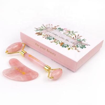 China Hot Selling Manufacturer Face Massager OEM/ODM Anti Aging Facial Natural Pink Jade Roller Gua Sha Quartz Set for sale