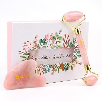 China Manufacturer Face Massage Private Label Amazon Top Sales Anti Aging Natural Pink Quartz Jade Roller Gua Sha Set for sale