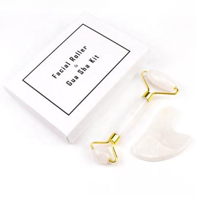 China Factory Wholesale Portable Custom Label Face Lift Anti Aging Face Massage Jade Roller Gua Sha Set Natural White For Face for sale