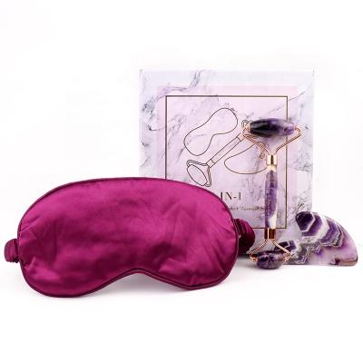 China Anti-Puffiness Amazon Hot Seller Beauty Skin Care Anti-Aging Amethyst 3 in 1 Facial Stone Natural Jade Roller Gua Sha Set for sale