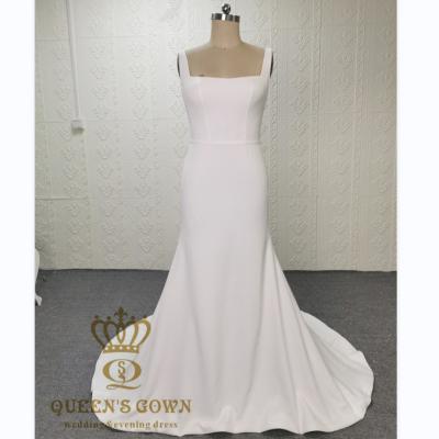 China Anti-static QUEENS DRESS simple square neckline bridal sleeveless mermaid dress crepe train short wedding dress for sale