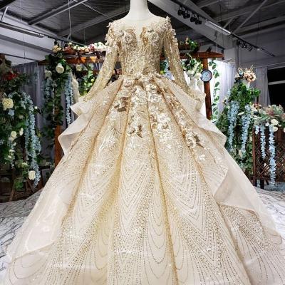 China Anti-static Luxury Long Sleeve Ball Gowns 3 D Flower Lace Wedding Bridal Gown For Women for sale