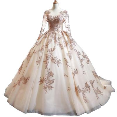 China Luxury dry cleaning a line Champagne Sequins Lace Middle East Muslim wedding dresses Arabic Turkey wedding dress for sale