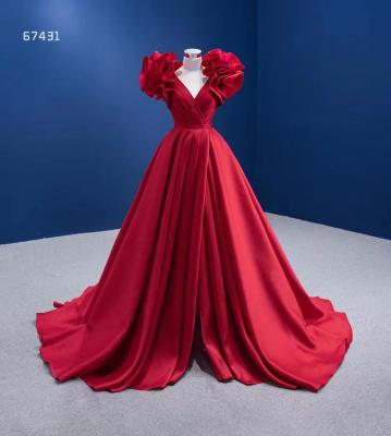 China Anti-Static Red V Neck A Line Sexy Satin Evening Slit Elegant Wedding Dress for sale