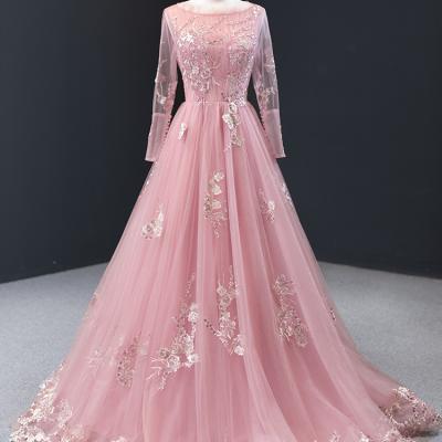 China Anti-Static Pink Formal Dress Lace A Line Long Sleeve Evening Dresses Brides Dress for sale