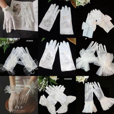 China ELBOW Women Short Full Fingers Bow Elegant Ivory Satin Wrist Bridal Wedding Accessories for sale