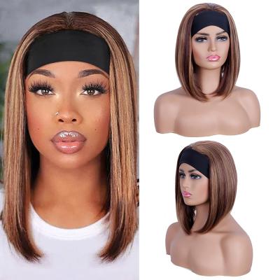 China Short Loose Straight Hair Highlight Hair Band Wig Mixed Hair Lady's Short Brown Synthetic Hair Wig Short Straight Wig for sale