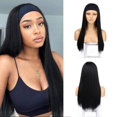 China Long Cheap Silky Straight Long Synthetic Wig With Headwrap #1b Black Synthetic Hair Band Wigs For Women Turban No Lace Soft Wig for sale