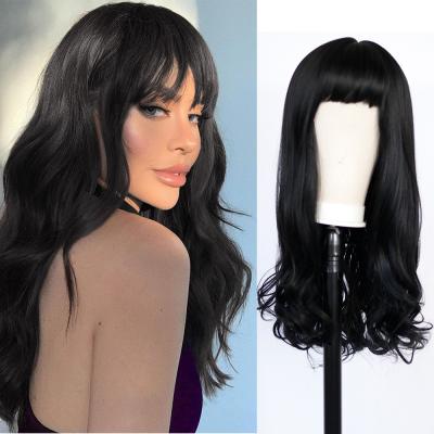 China Dark Black Body Wave Wigs With Bangs Long Wavy Wigs For Women Brunette Synthetic Wig With Bangs Heat Resistant Natural Wavy For Daily for sale