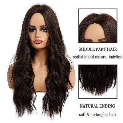 China Wholesale Dark Brown Black Body Wave Wig With Daily Bangs Synthetic Women's Long Wave Black Hair Wig Heat Resistant Natural Waves for sale