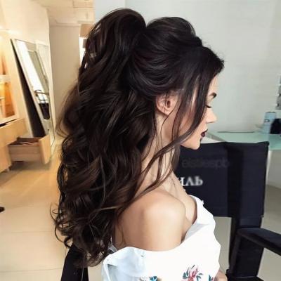 China Long Black Wavy Barely Shedding Soft Thick Smooth Ponytail Claw Hair 24 Inch Long Wave Synthetic Ponytail Hair Extension Wrap Around Drawstring Hair With 1Clips for sale