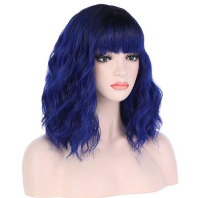 China Water Wave Navy Blue Wig With Flat Bangs 14