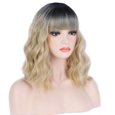 China Water Wave Ombre Wavy Blonde Synthetic Wigs Short Curly Bob Wig With Bangs Heat Resistant Hair 14