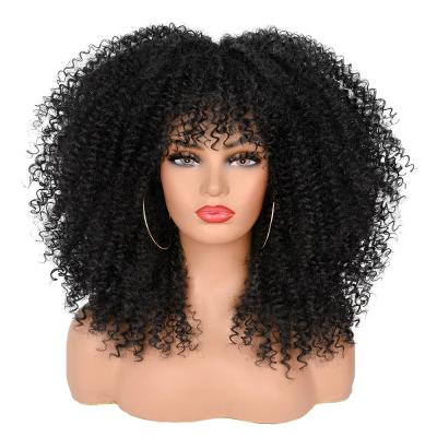 China Wholesale Barely Shedding Soft Smooth Thick Black Curly Wigs For Black Women Afro Curly Wigs With Bangs 14 Inch Afro Curly Loose Curly Wave Hair Synthetic Wigs for sale