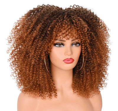 China Barely Shedding Short Curly Fluffy Synthetic Wigs Ombre Brown Synthetic Curly Wig Afro Kinky Curly Hair Soft Thick Curly Hair Afro Wigs For Black Women for sale