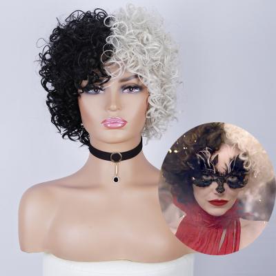 China Wholesale Soft Soft Thick Half-Gold Cosplay Wig Women's Short Curly Gold And Black Curly Hair Two Color Synthetic Wigs Half-Black Part Barely Shedding for sale