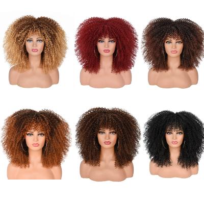 China Wholesale Barely Shedding Thick Soft Smooth Brown Red Black Red Curly Wigs For Color Women Afro Curly Colored Wigs With Bangs 14 Inch Afro Kinky Loose Curly Wave for sale