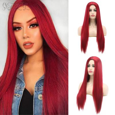 China Wholesale Silky Straight Ombre Cosplay Red Long Straight Wave Clip In Synthetic Hair Extensions Wigs For Black Women Colored Hair Heat Resistant Wig for sale