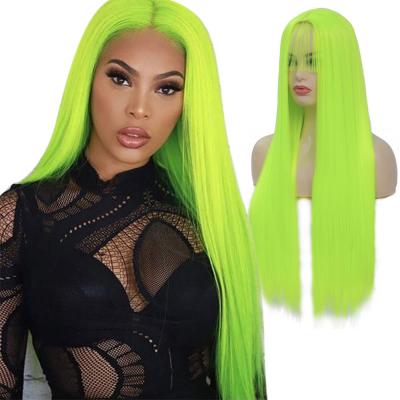 China Fluorescent Green Long Straight Synthetic Barely Shedding Soft Thick Smooth Non Lace Front Wigs Middle Part Pastel Cosplay Wigs Light Green Wig For Black Women for sale